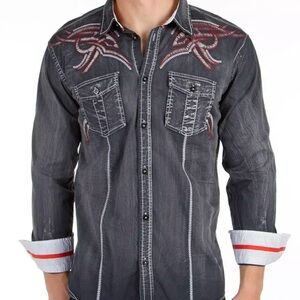 ROAR Signature BUCKLE Men's XL Charcoal Embroidered Stretch Flip Cuff Shirt